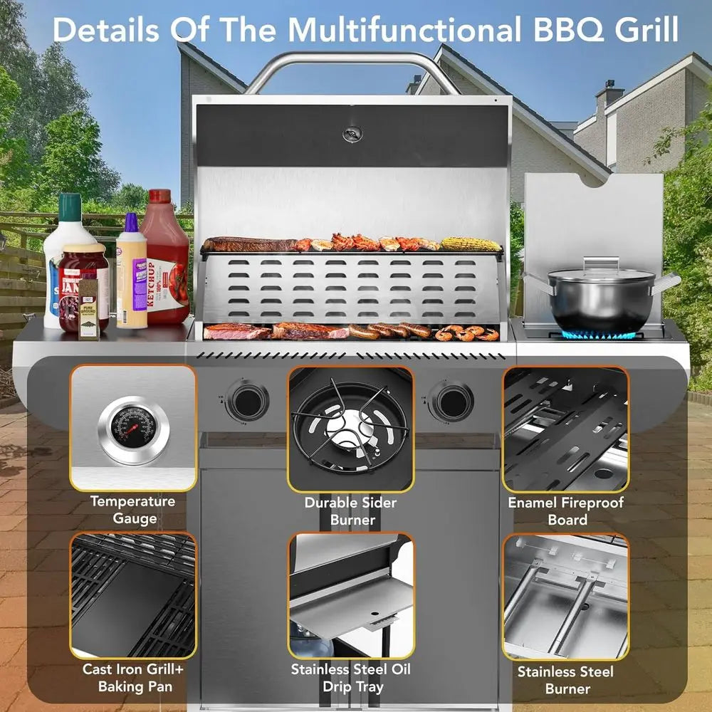Heavy Duty Stainless Steel Propane Gas Grill With Side Burner - Arthur's Wellness Emporium