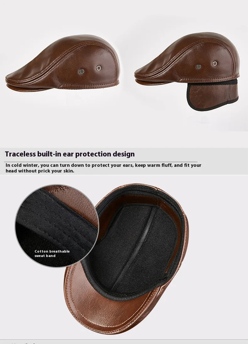 Genuine Leather Beret Hat Unisex Windproof Winter Cap Fashion
