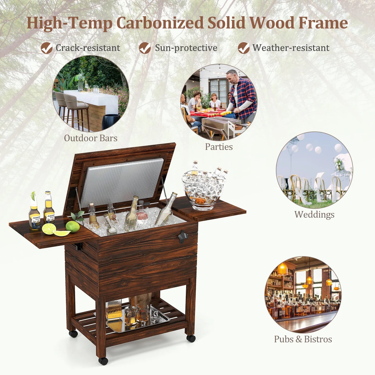 Homasis Rolling Wooden Patio Cooler Cart With Drop Leaf Tables