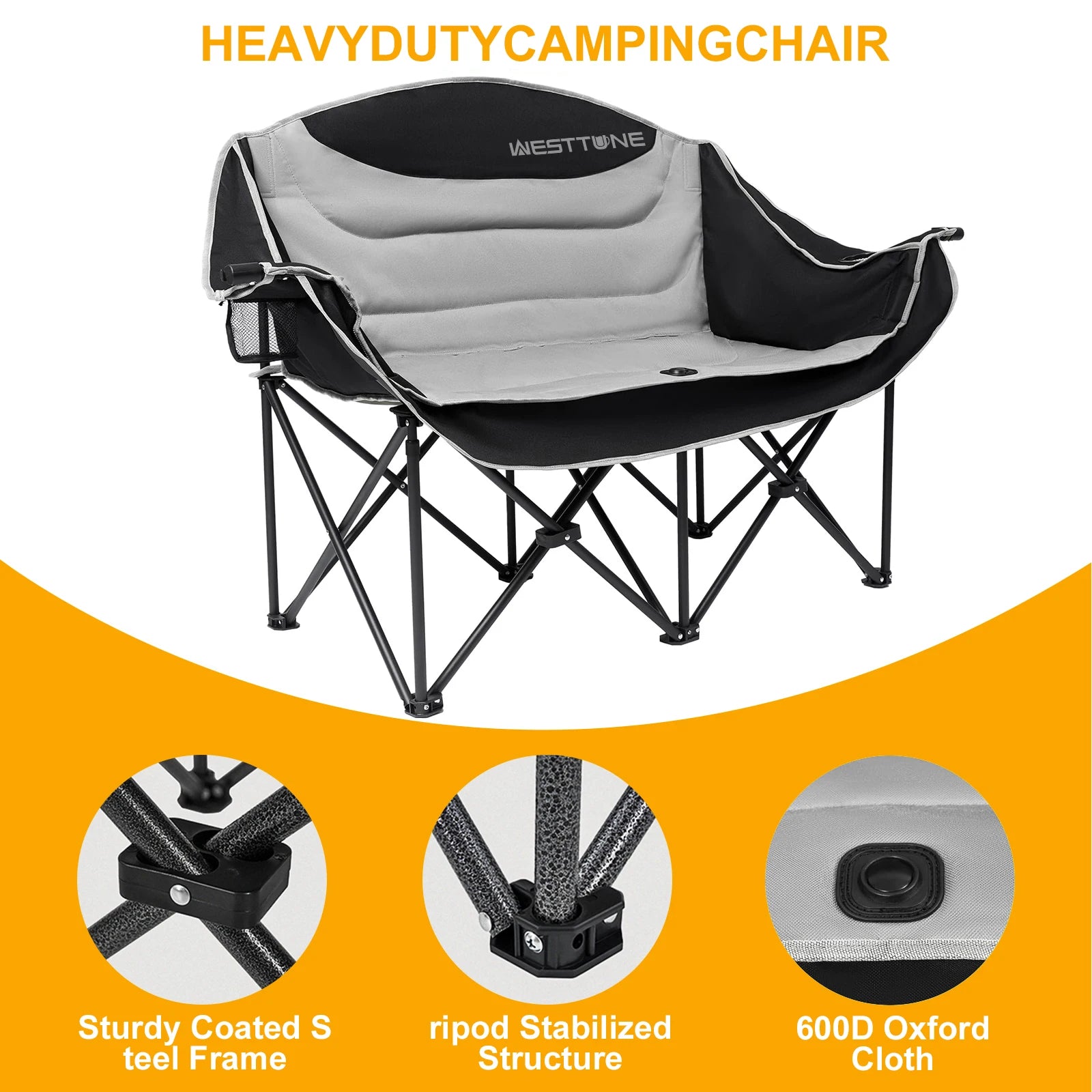 WESTTUNE Double Camping Chair Outdoor Folding Sofa With Cup Holder - Arthur's Wellness Emporium