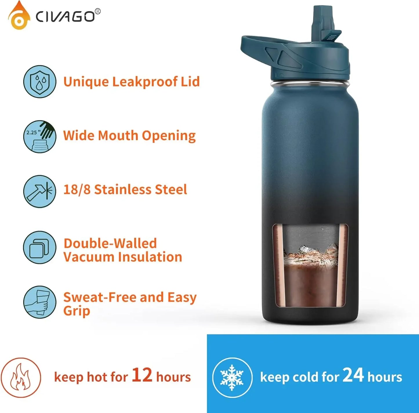 Insulated Stainless Steel Water Bottle With 3 Lids