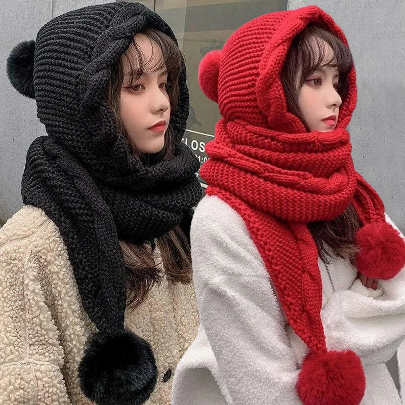 CN Sichuan Winter 2in1 Knit Hat With Scarf Balaclava For Women