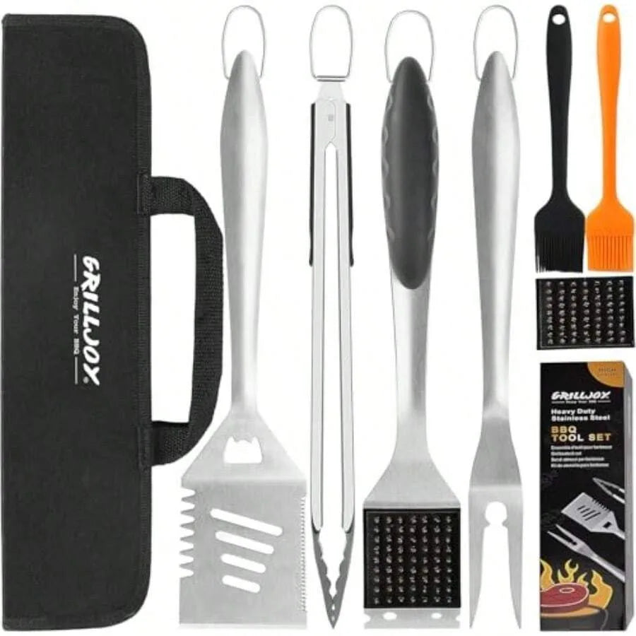 Eight Piece Stainless Steel BBQ Grill Set Spatula Fork Tongs