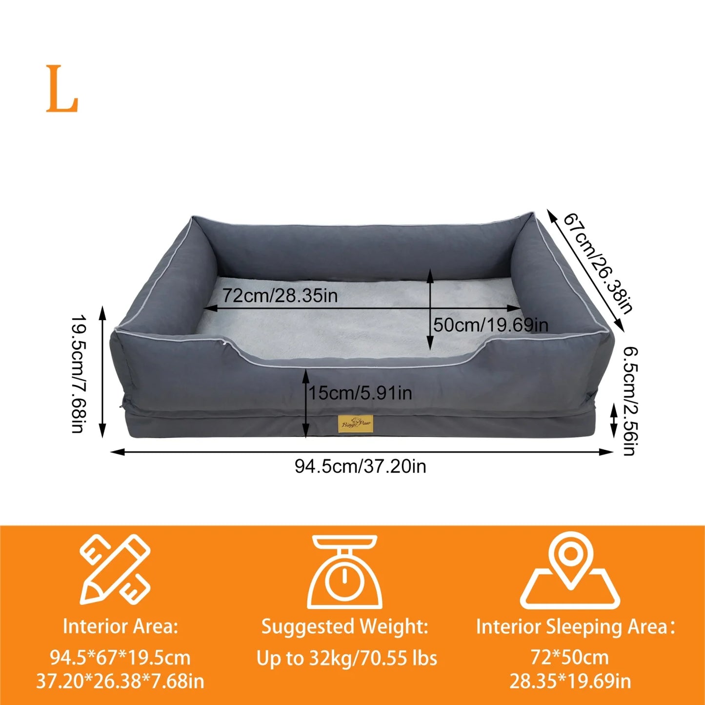 BINGOPAW Rectangular Orthopedic Dog Bed With Bolster And Waterproof Lining