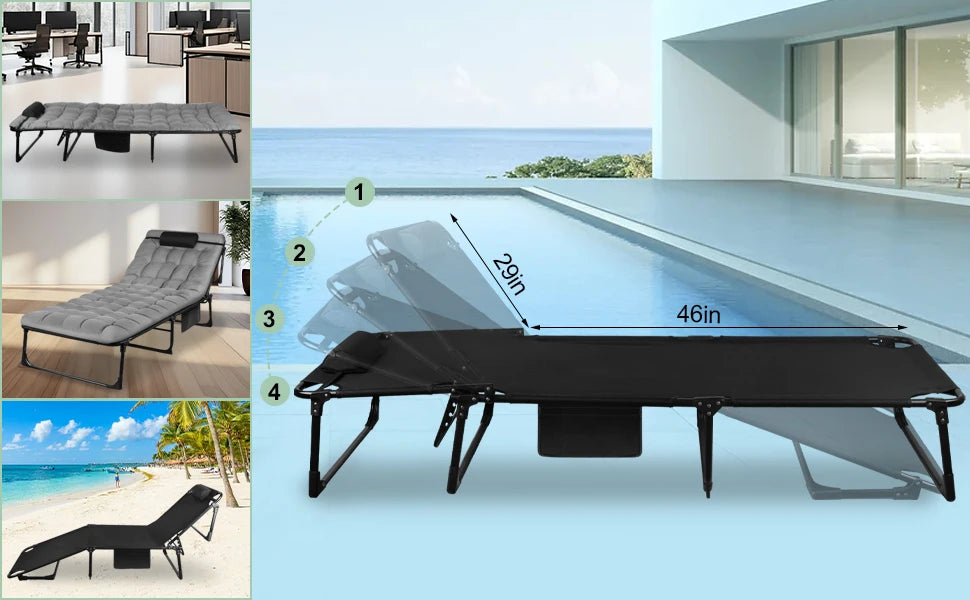 Portable Folding Camping Cot Three-Position Adjustable Lounge Chair With Pillow - Arthur's Wellness Emporium