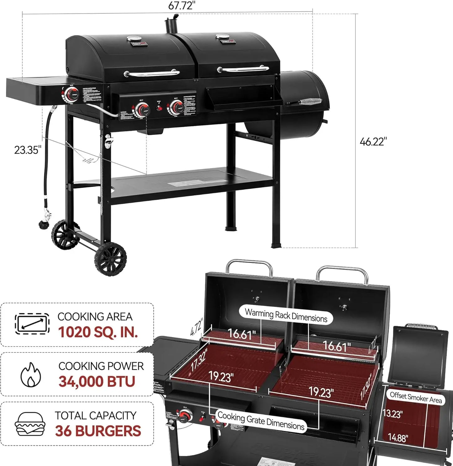 Dual Fuel 2 Burner Grill Combo With Offset Smoker Outdoor