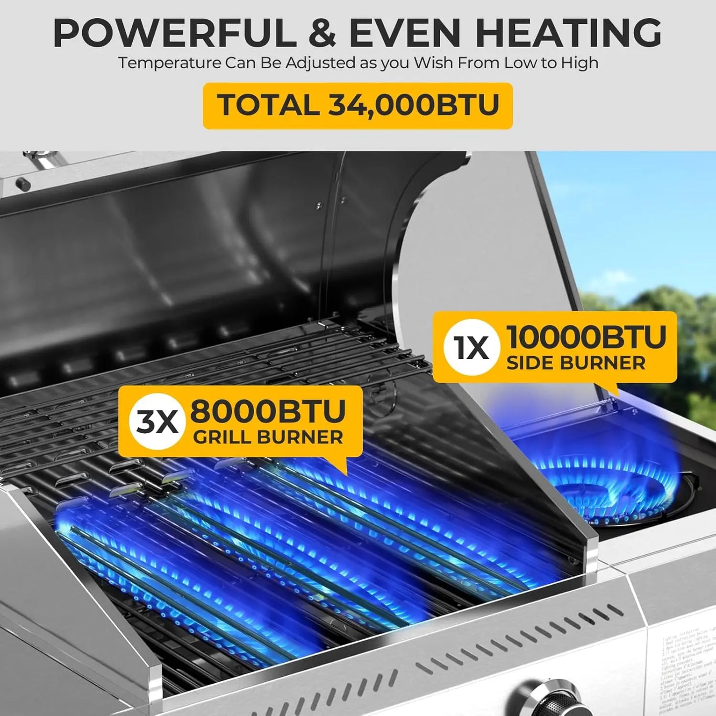 Outdoor Propane Grill 34000 BTU With Three Main Burners