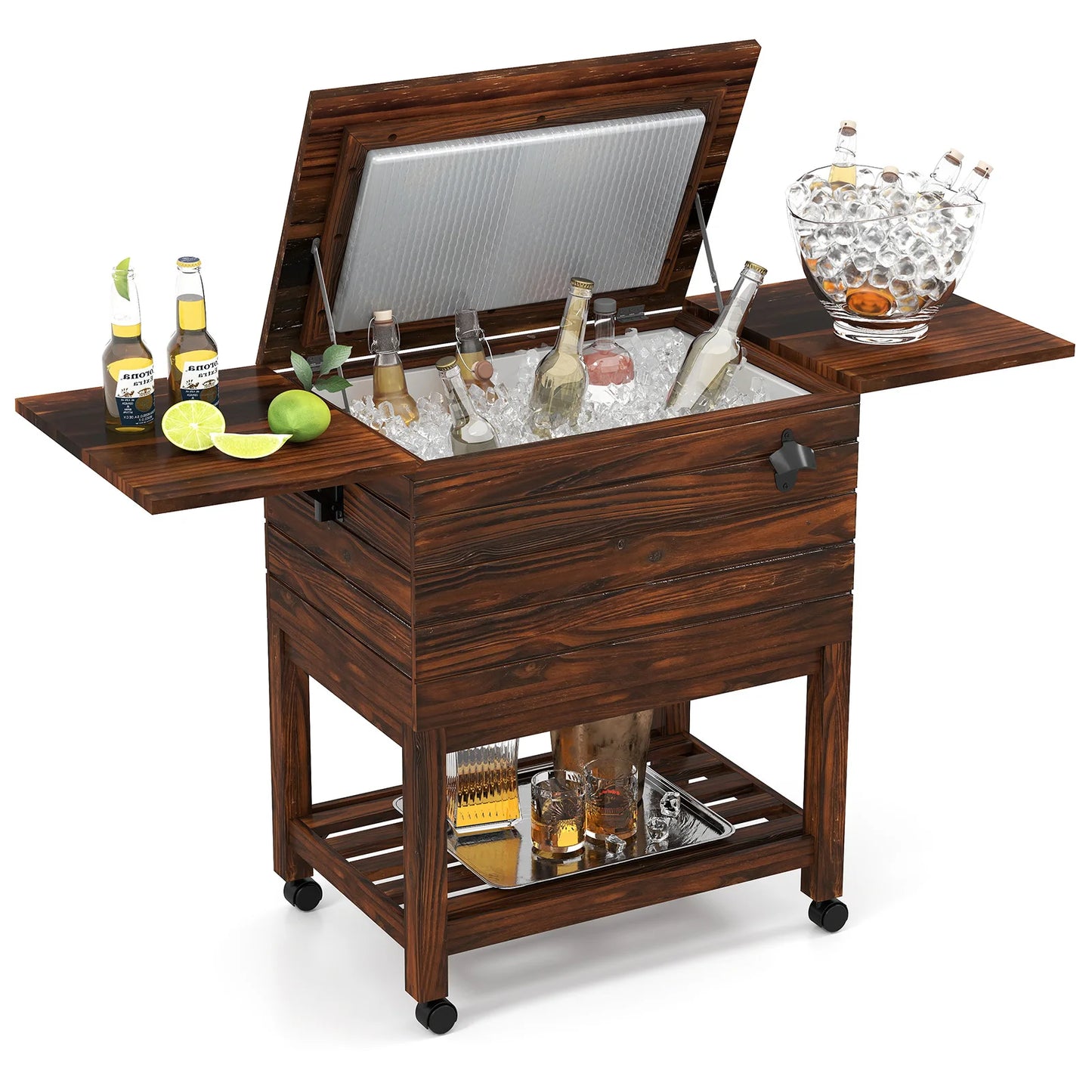 Homasis Rolling Wooden Patio Cooler Cart With Drop Leaf Tables