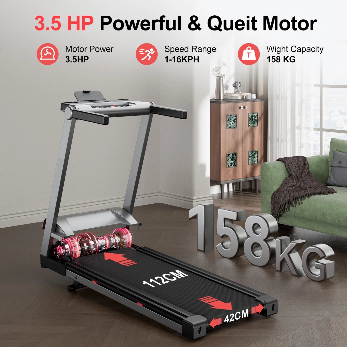 Superun 3.5HP Foldable Incline Treadmill With App Monitoring - Arthur's Wellness Emporium