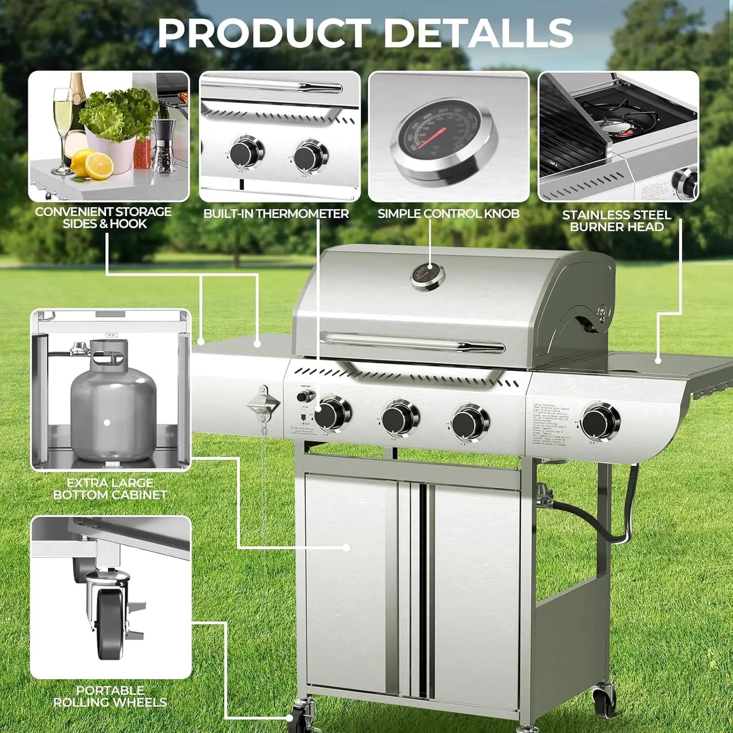 Outdoor Propane Grill 34000 BTU With Three Main Burners