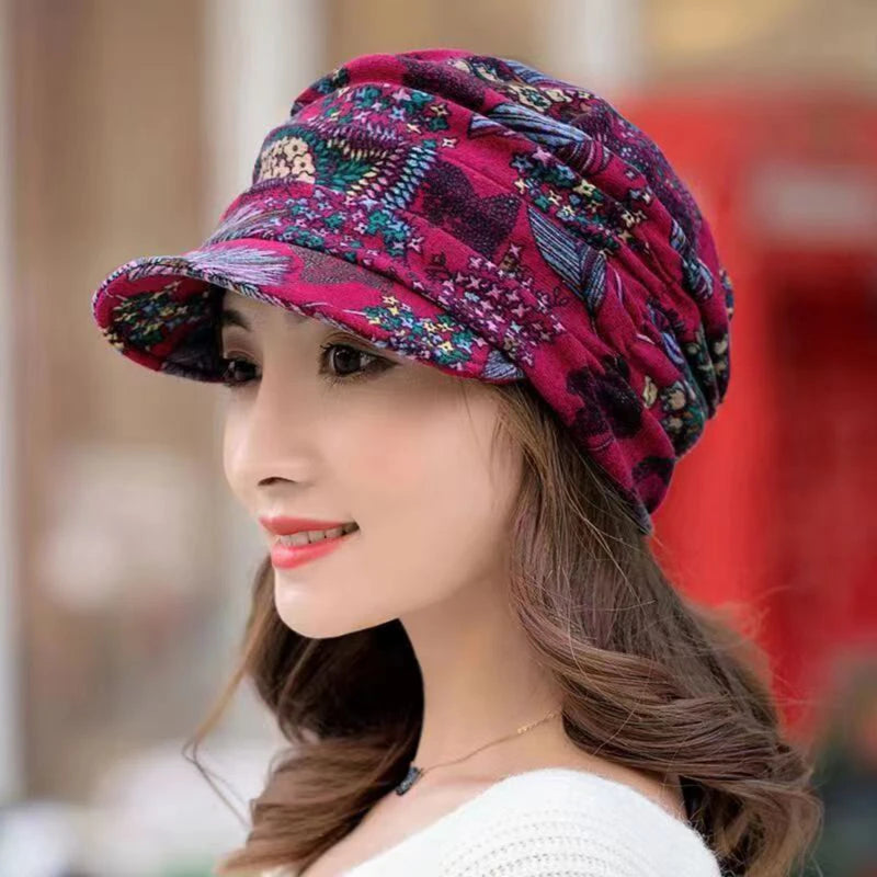 GOMYIE Women Peaked Earflap Wool Winter Cap With Floral Print