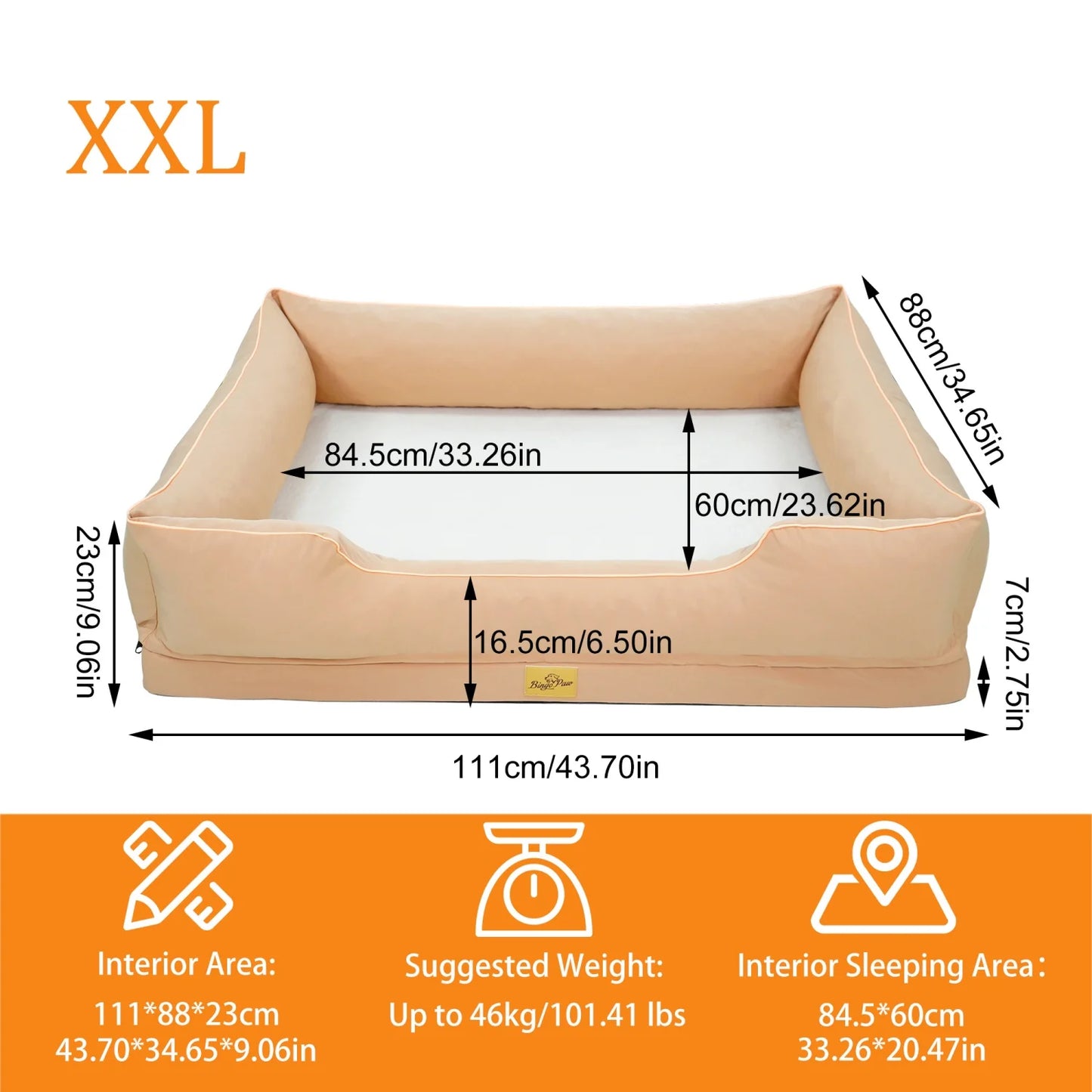 BINGOPAW Rectangular Orthopedic Dog Bed With Bolster And Waterproof Lining
