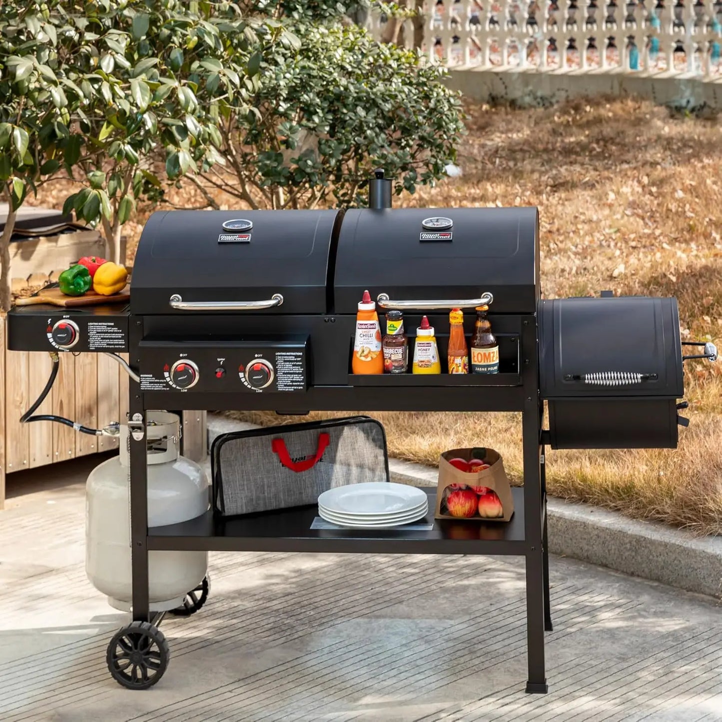 Dual Fuel 2 Burner Grill Combo With Offset Smoker Outdoor