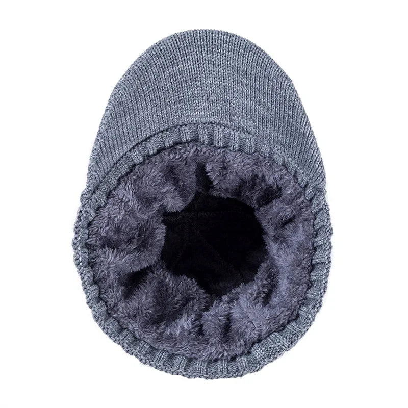 Unisex Fur Lined Beanie With Brim Thick Knit Winter Hat