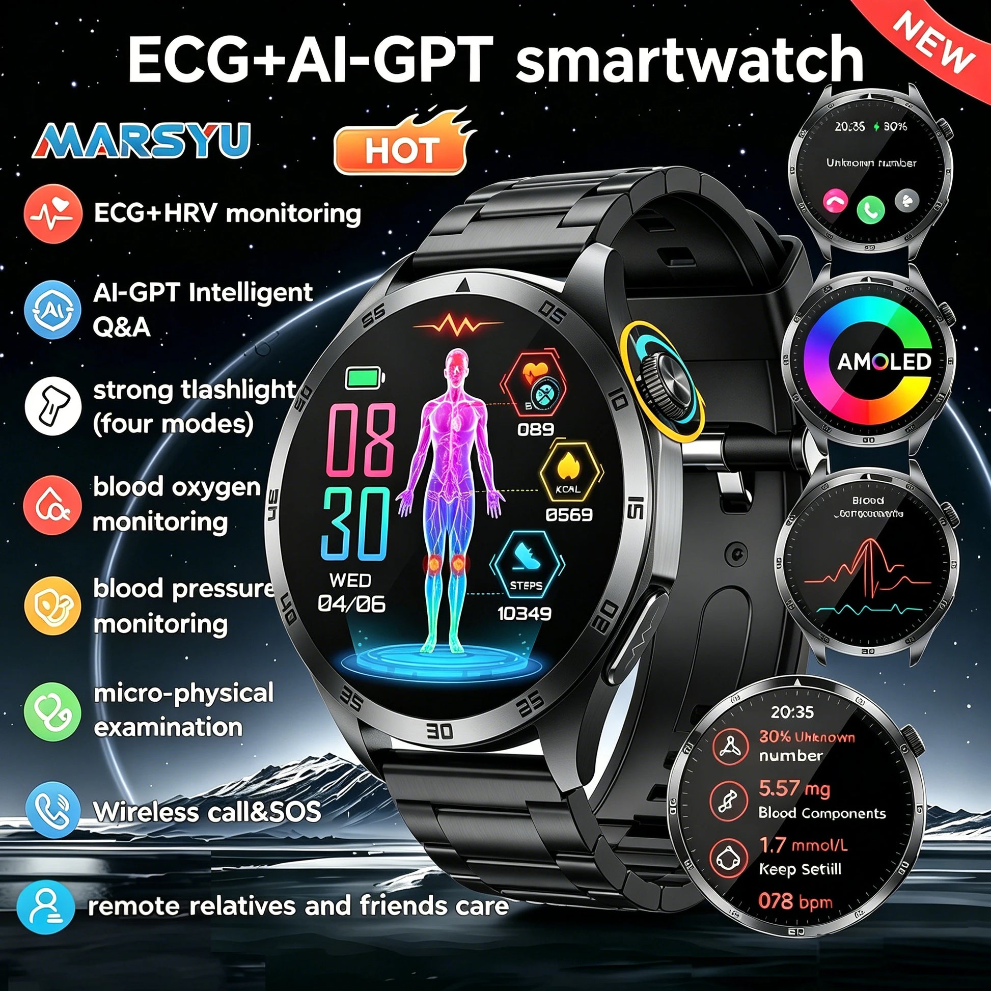 Marsyu Smart Watch ECG PPG Blood Pressure Lipid Uric Acid HD Bluetooth - Arthur's Wellness Emporium