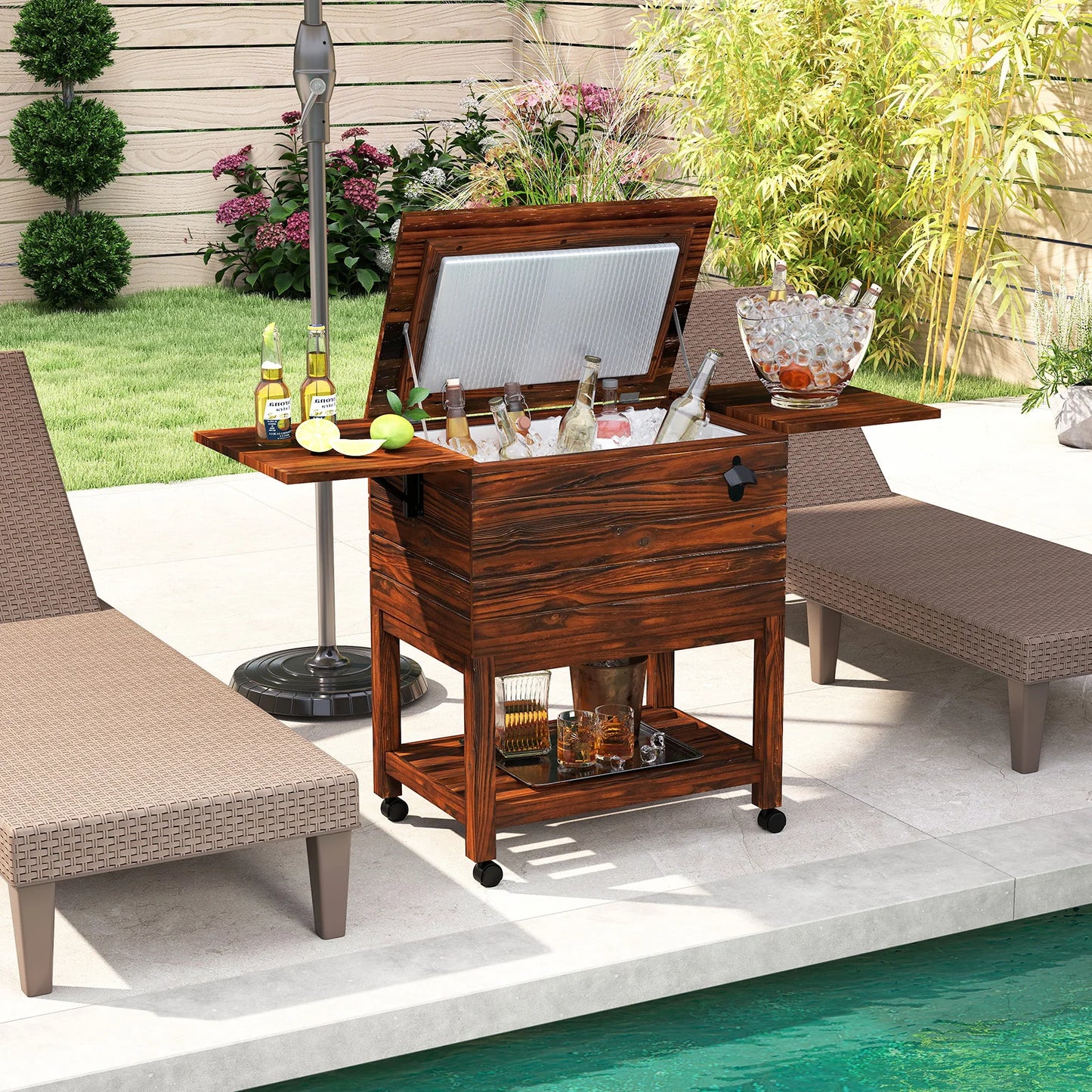 Homasis Rolling Wooden Patio Cooler Cart With Drop Leaf Tables