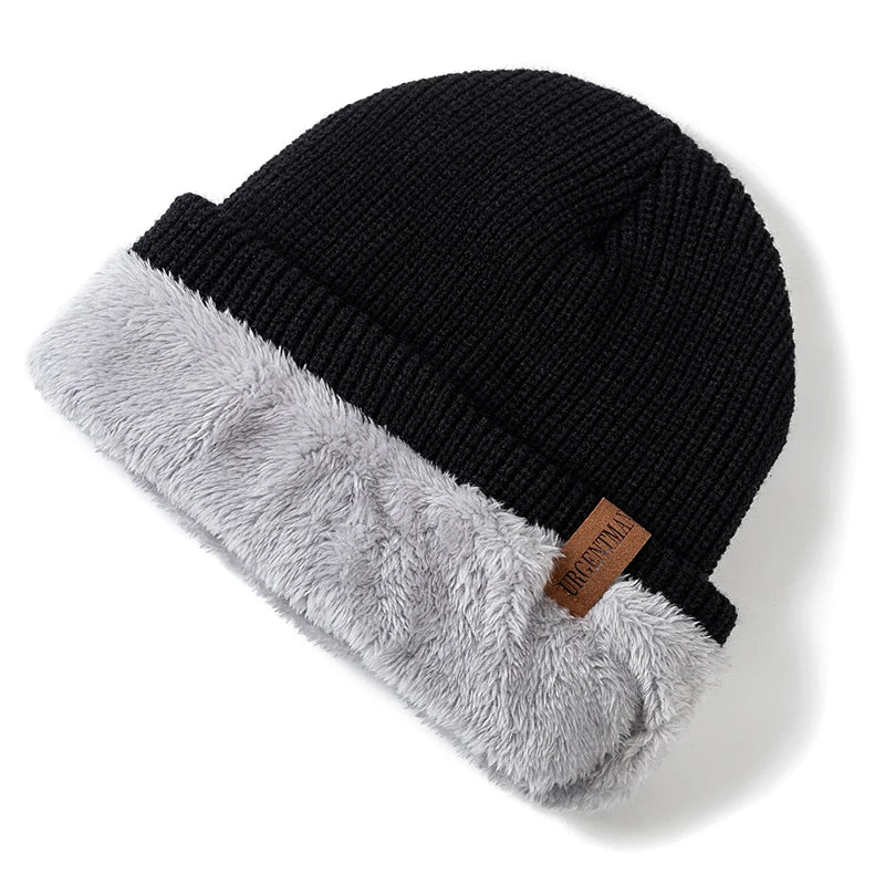 Unisex Fur Lined Beanie Hat Knit Cap for Men Women