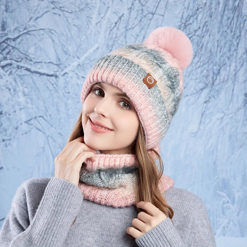 Winter Warm Hat And Scarf Set For Women Fleece Knit Two Piece