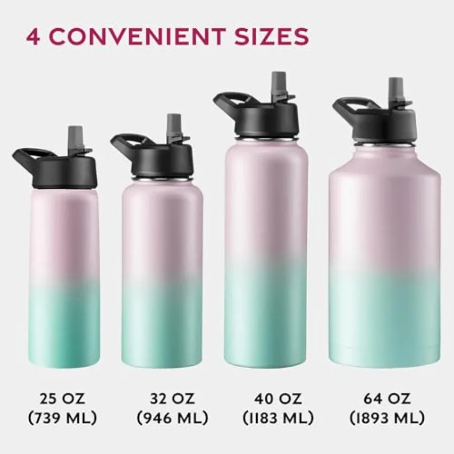Insulated Stainless Steel Water Bottle with Straw and 3 Lids - Arthur's Wellness Emporium