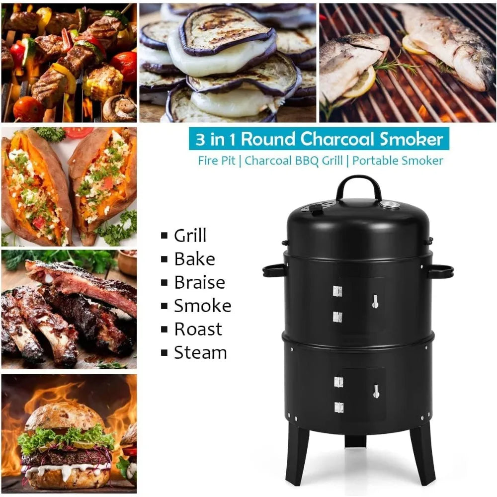3-in-1 Charcoal BBQ Smoker Grill Cooker With Thermometer And Hooks