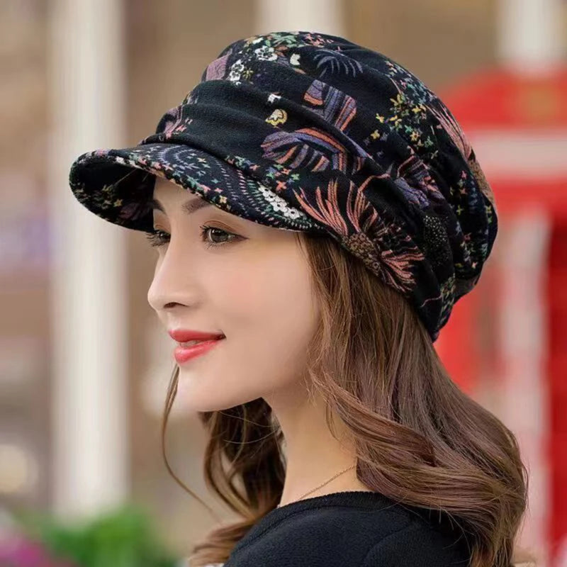 GOMYIE Women Peaked Earflap Wool Winter Cap With Floral Print