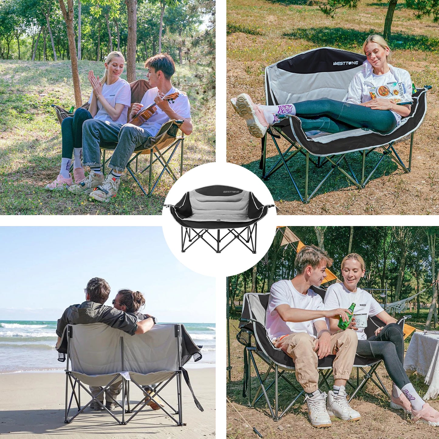 WESTTUNE Double Camping Chair Outdoor Folding Sofa With Cup Holder - Arthur's Wellness Emporium