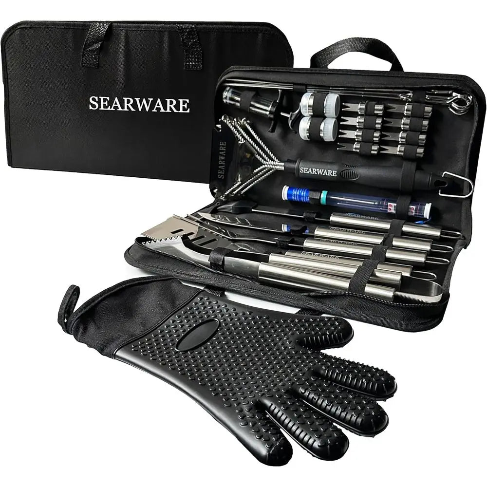 Stainless Steel BBQ Tool Set With Gloves Skewers Thermometer