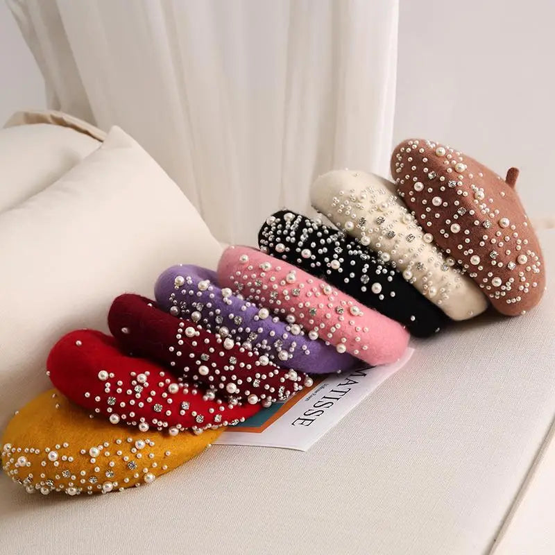 Woolen Pearl Beret For Women Winter Hat Korean British Retro