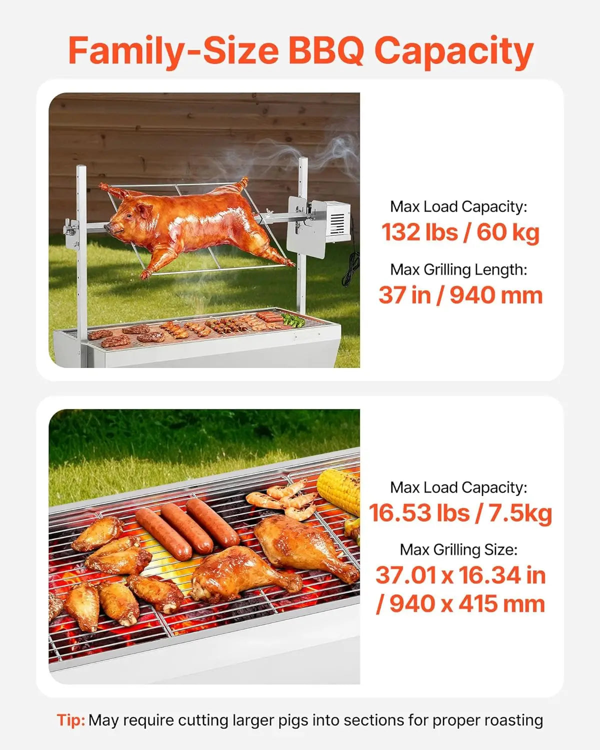 Rotisserie Grill 38W Stainless Steel Outdoor Pig and Lamb Spit Roaster
