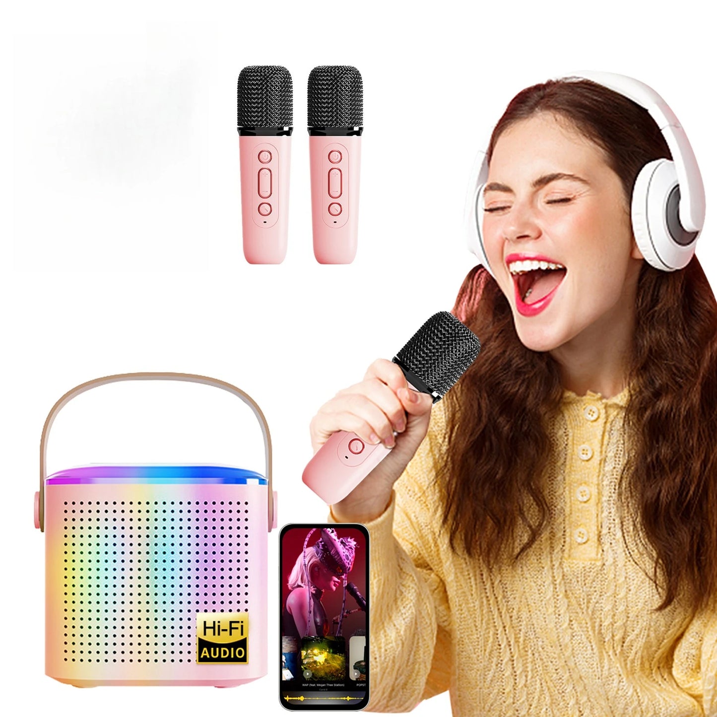 Odelettevcy Wireless Karaoke Speaker With RGB Lighting And Two Mics