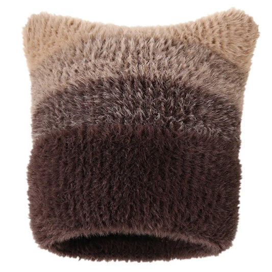 UP POSITIVECN Gradient Cat Ear Knit Beanie Hat For Women