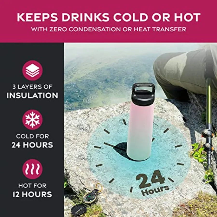 Insulated Stainless Steel Water Bottle with Straw and 3 Lids - Arthur's Wellness Emporium