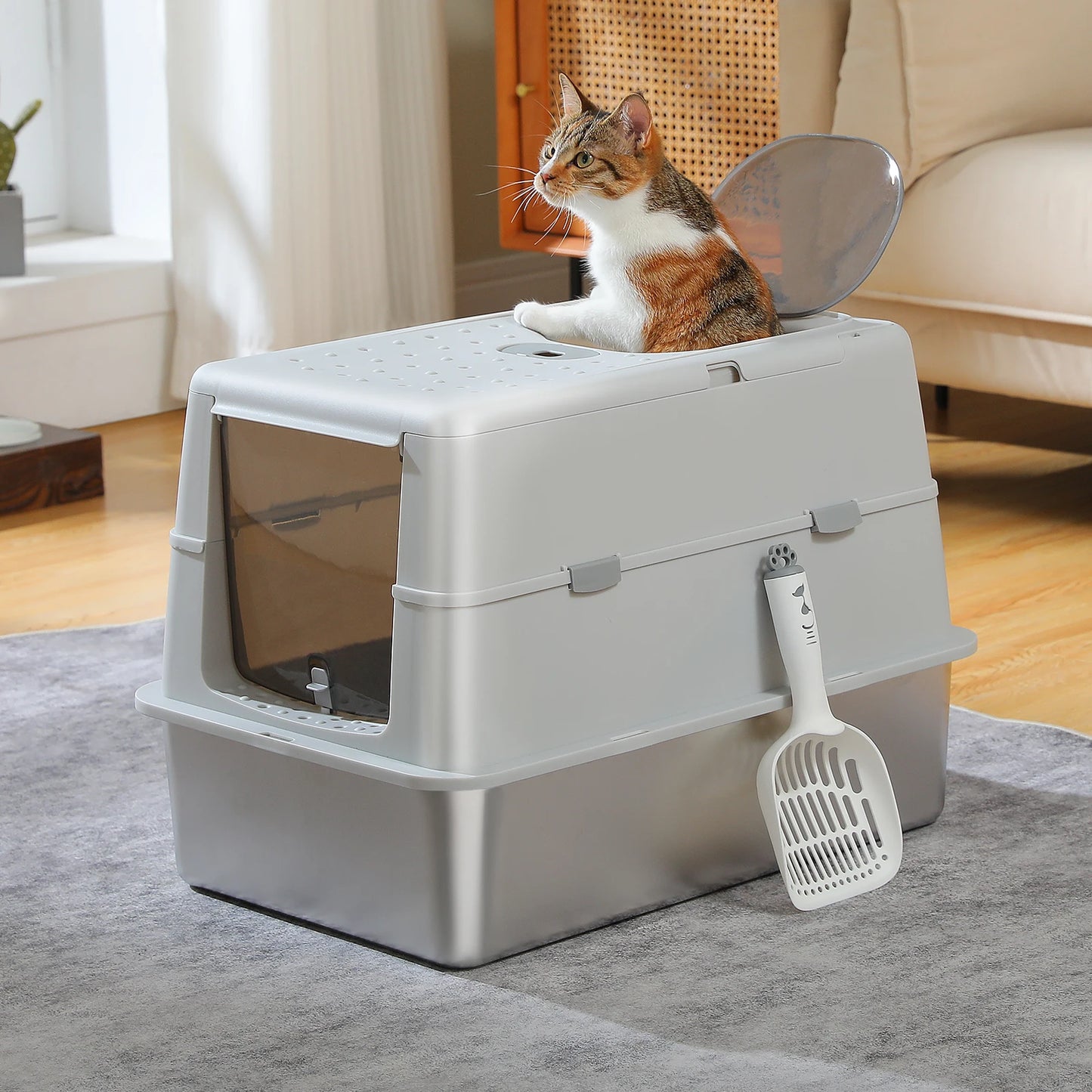 Stainless Steel Cat Litter Box With Scoop High Sides Indoor - Arthur's Wellness Emporium