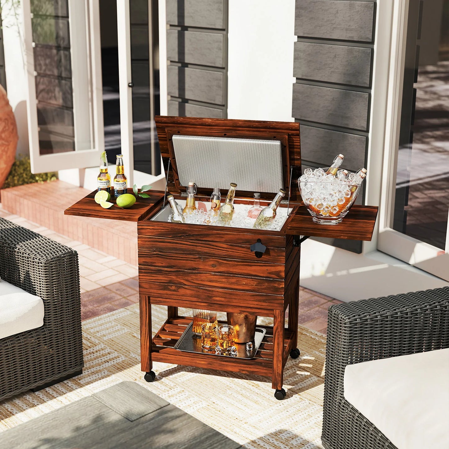 Homasis Rolling Wooden Patio Cooler Cart With Drop Leaf Tables