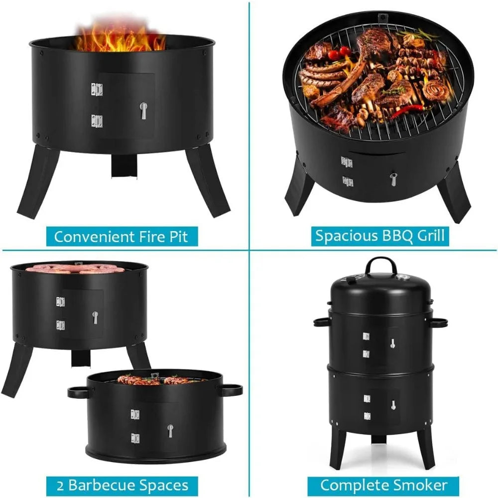 3-in-1 Charcoal BBQ Smoker Grill Cooker With Thermometer And Hooks