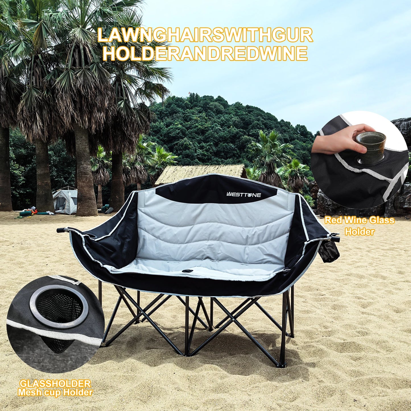 WESTTUNE Double Camping Chair Outdoor Folding Sofa With Cup Holder - Arthur's Wellness Emporium