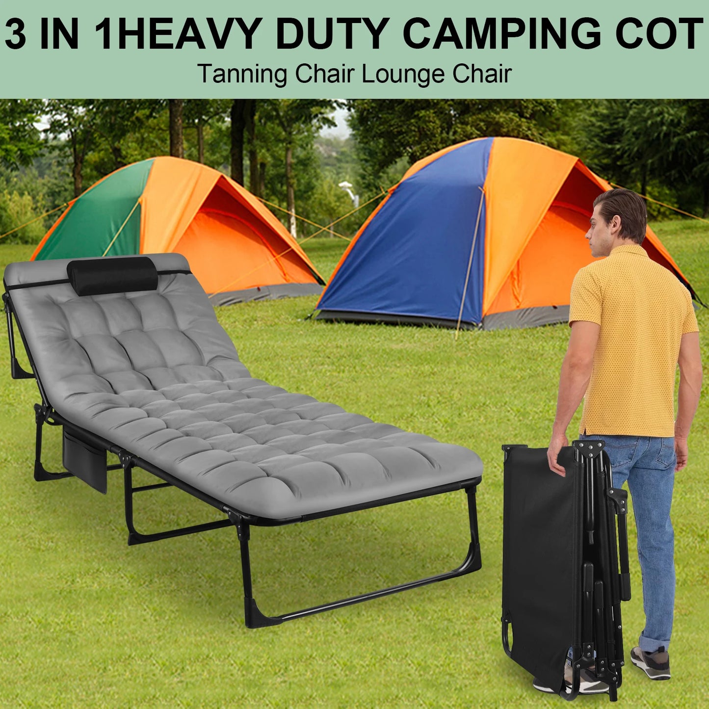 Portable Folding Camping Cot Three-Position Adjustable Lounge Chair With Pillow - Arthur's Wellness Emporium