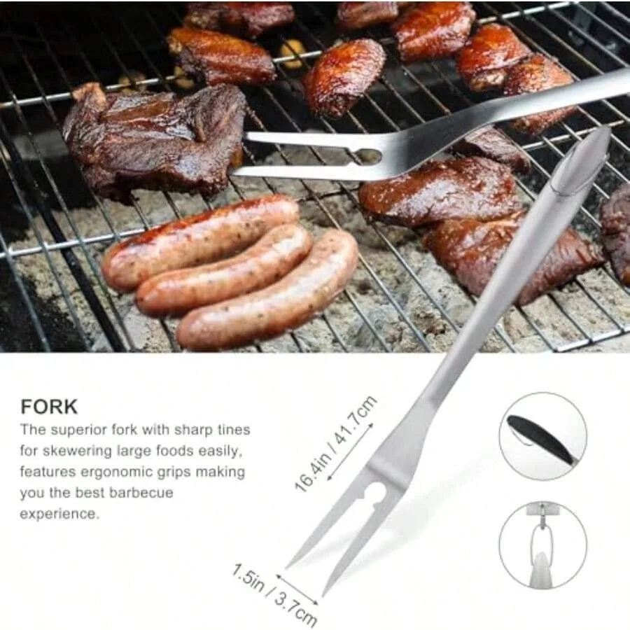 Eight Piece Stainless Steel BBQ Grill Set Spatula Fork Tongs