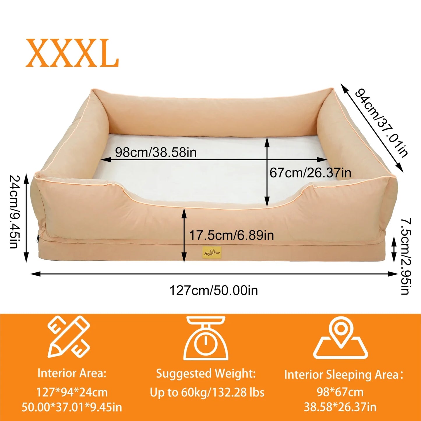 BINGOPAW Rectangular Orthopedic Dog Bed With Bolster And Waterproof Lining