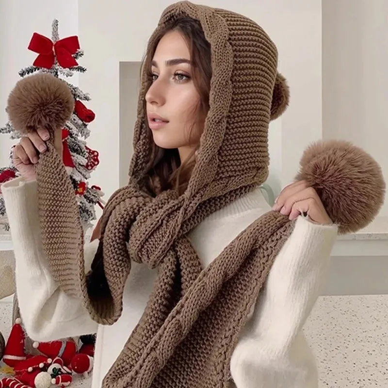 CN Sichuan Winter 2in1 Knit Hat With Scarf Balaclava For Women