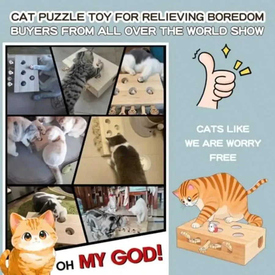 Wooden Cat Puzzle Box Toy With Pop Up Holes And Hanging Balls