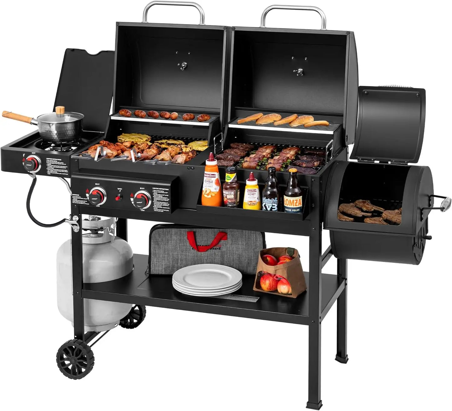 Dual Fuel 2 Burner Grill Combo With Offset Smoker Outdoor