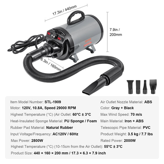 SucceBuy 2000W Dog Dryer With Adjustable Speed And Nozzle Set - Arthur's Wellness Emporium