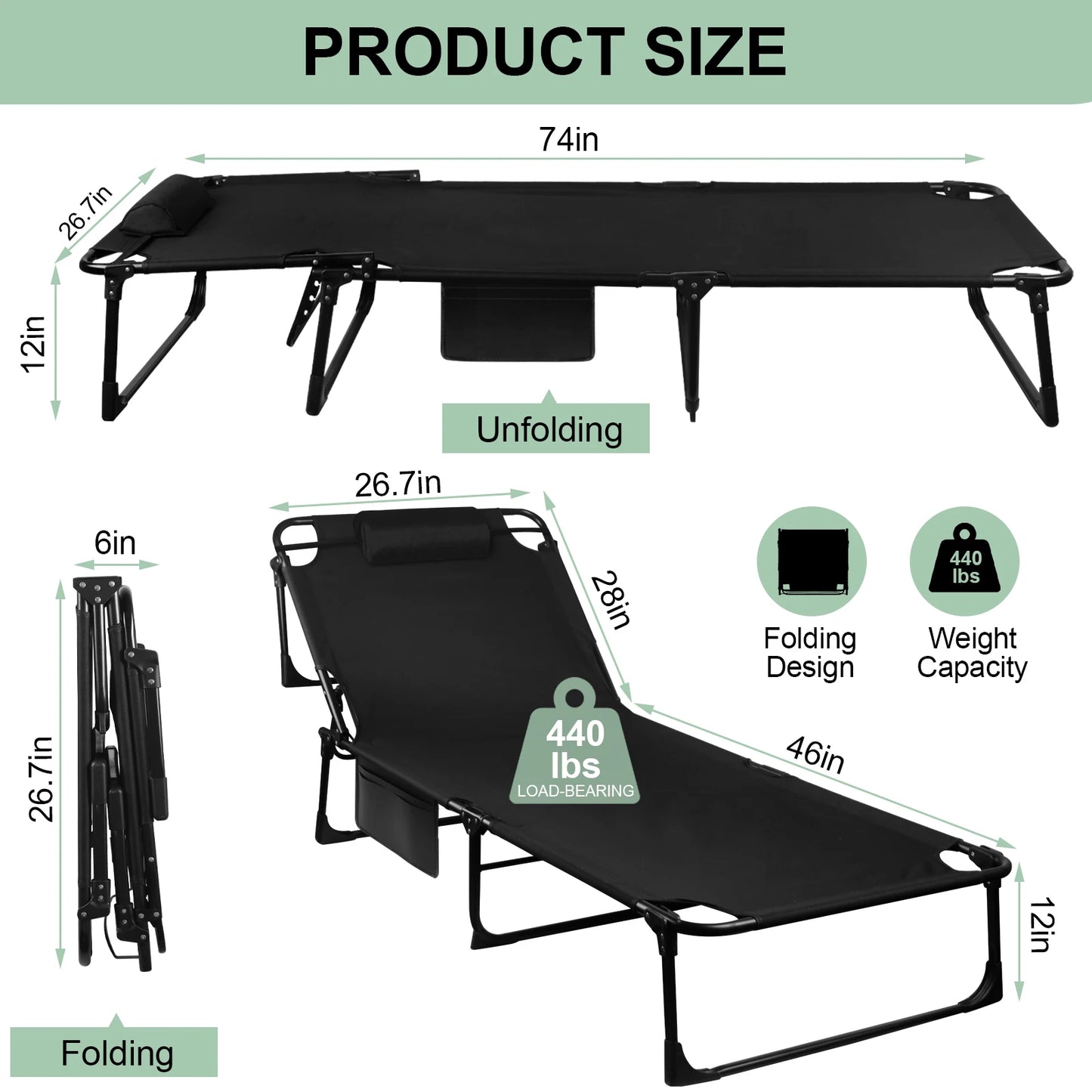 Portable Folding Camping Cot Three-Position Adjustable Lounge Chair With Pillow - Arthur's Wellness Emporium