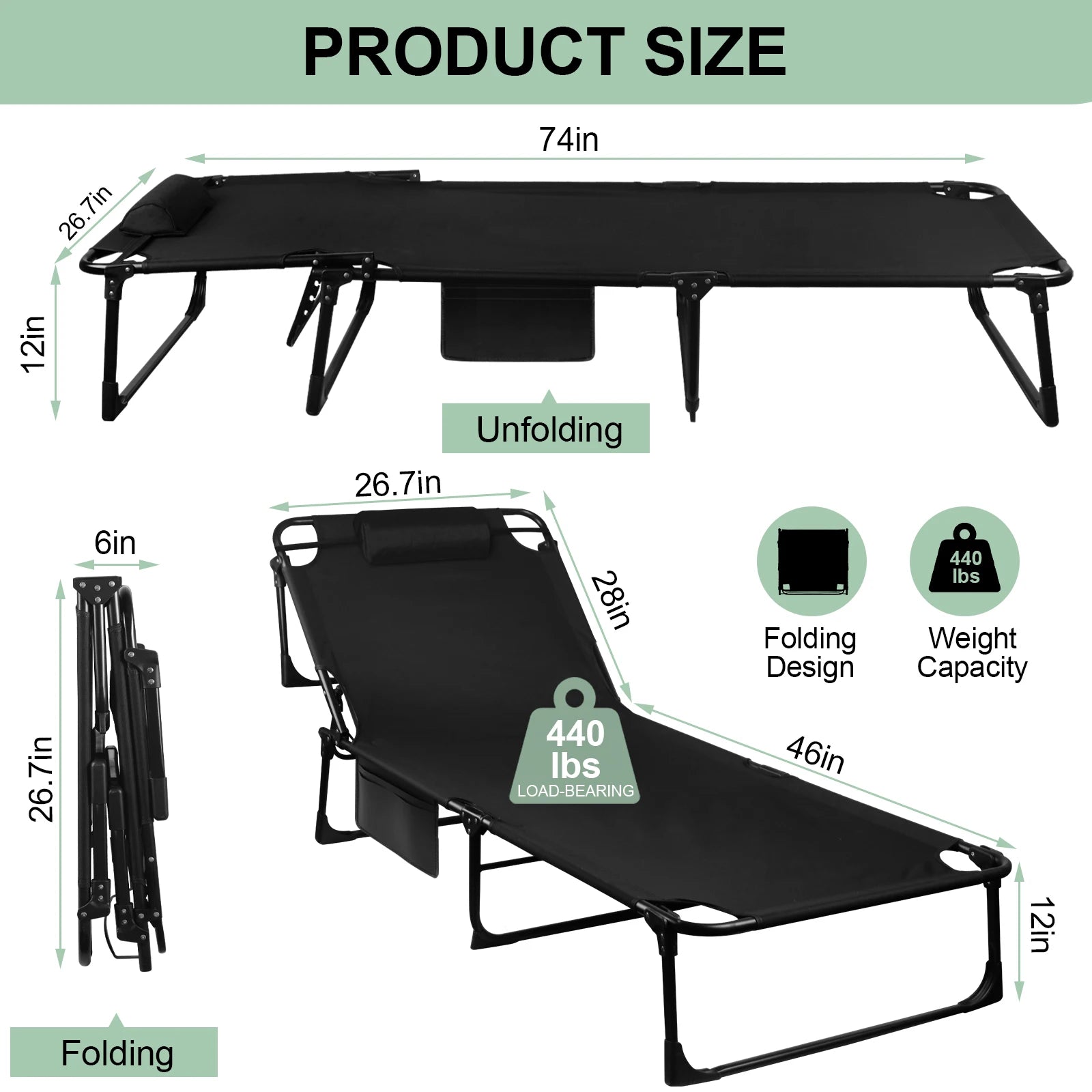 Portable Folding Camping Cot Three-Position Adjustable Lounge Chair With Pillow - Arthur's Wellness Emporium