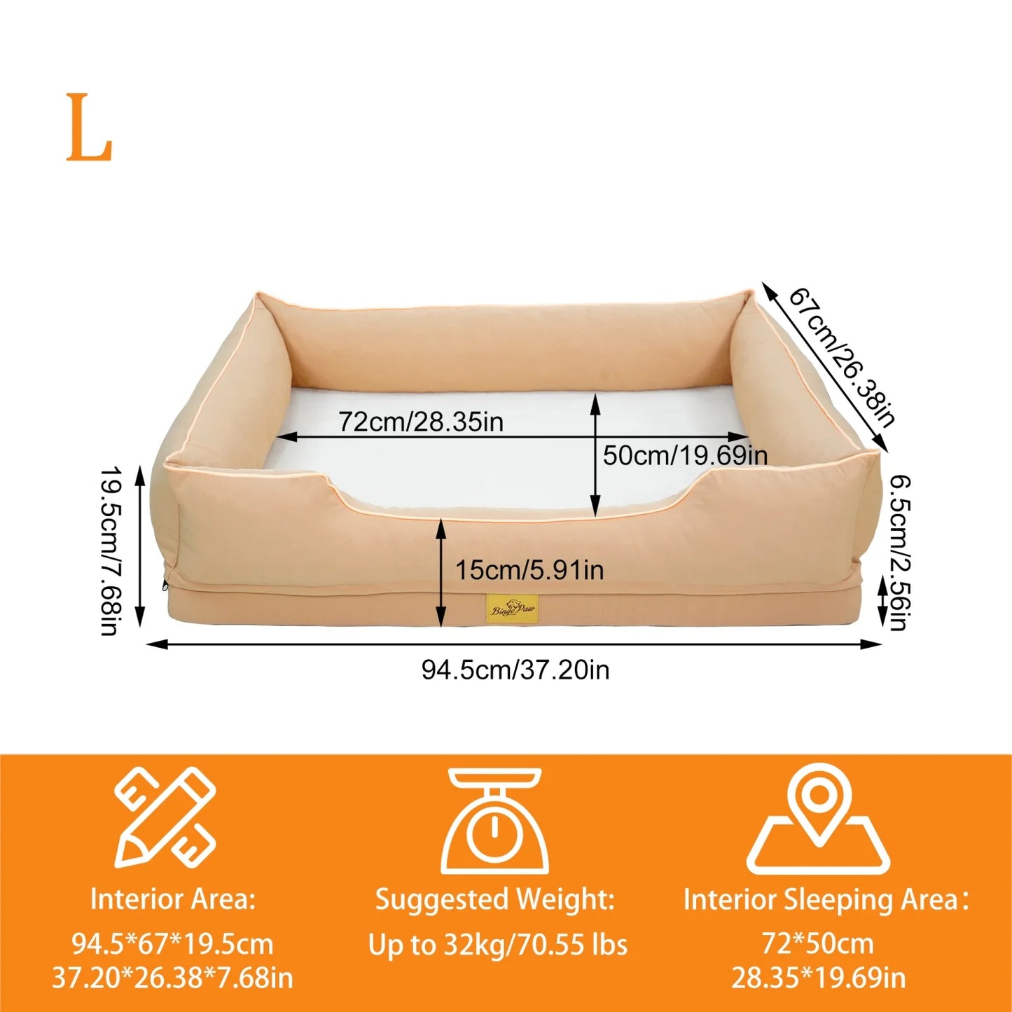 BINGOPAW Rectangular Orthopedic Dog Bed With Bolster And Waterproof Lining