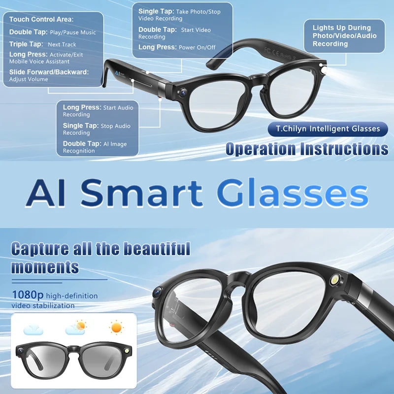 Smart Glasses Real Time Translation AI Chat Assistant 8MP Camera