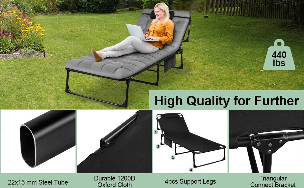 Portable Folding Camping Cot Three-Position Adjustable Lounge Chair With Pillow - Arthur's Wellness Emporium