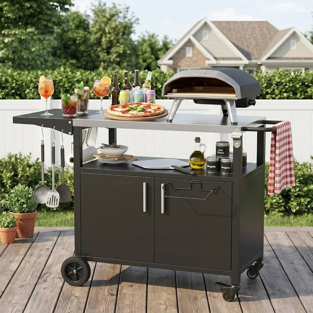Outdoor Grill Cart Storage Kitchen Island Foldable Stainless Steel Top