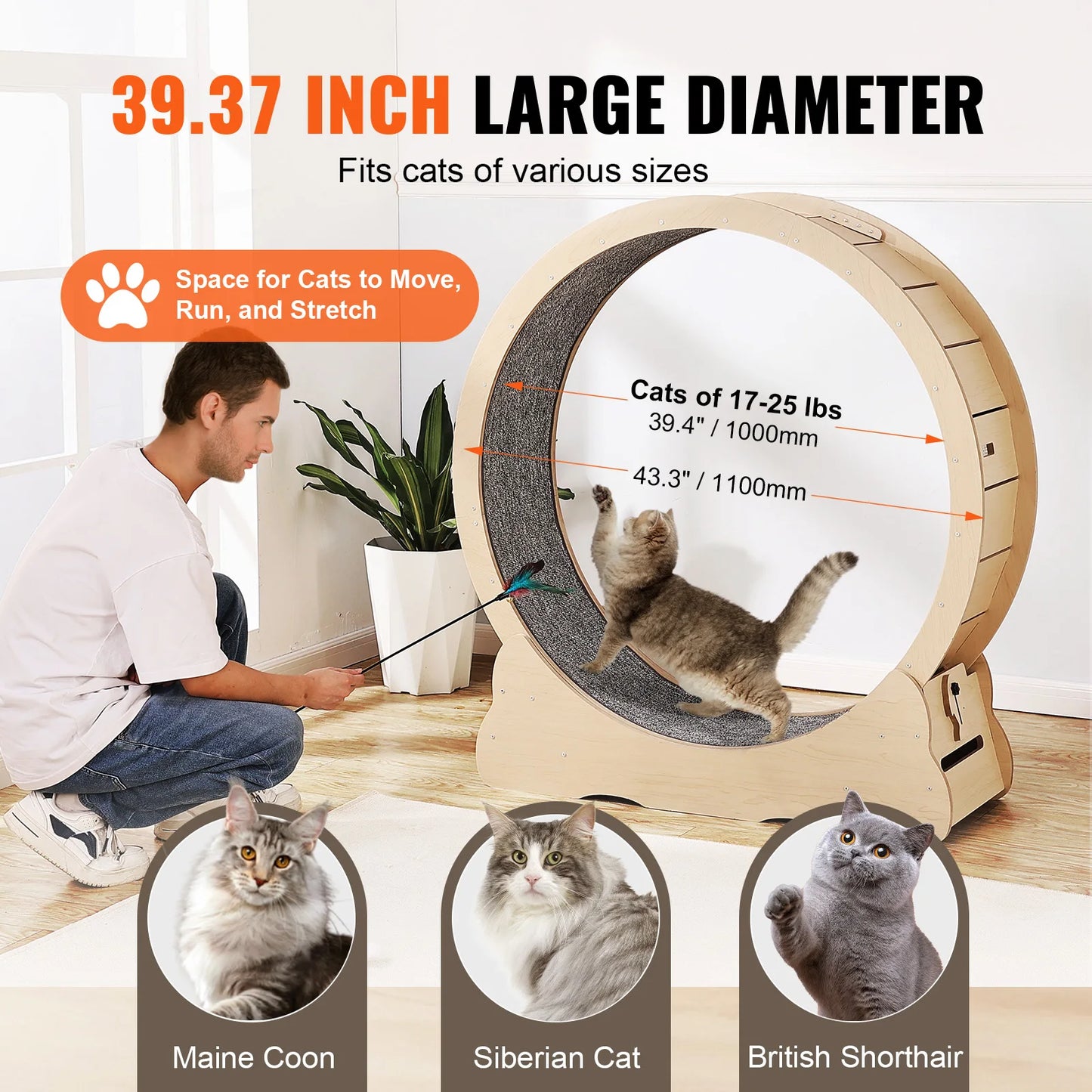 Wooden Cat Exercise Wheel Large Indoor Running Wheel Detachable Carpet - Arthur's Wellness Emporium